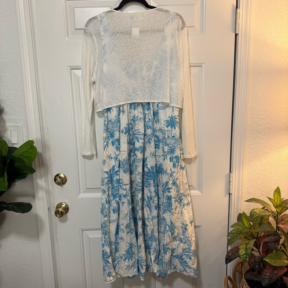 NWT JOIE Dress Shrug Set Blue White Palm-print Toile Linen Cotton Dress Size 12 - Picture 11 of 16